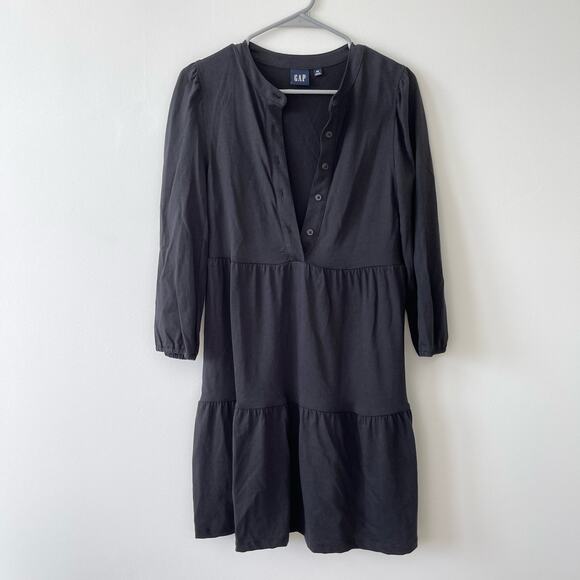 New Gap Cotton Long Sleeve Tiered Knee Length Shift Shirt Dress in Black Size XS - Picture 1 of 5